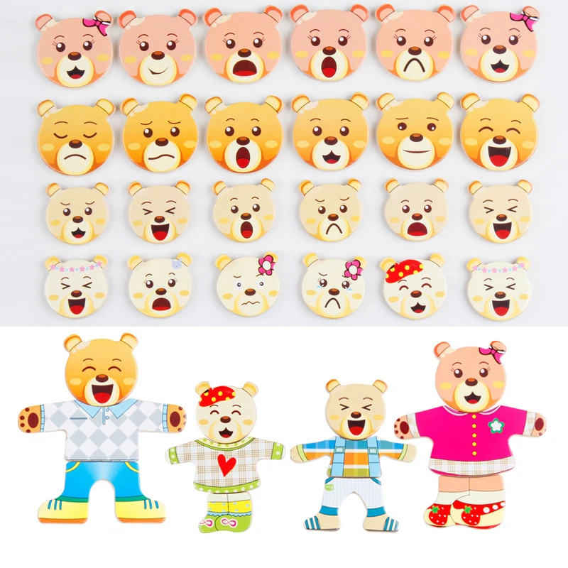 Quebra-cabeça de madeira para crianças Jogo de vestir Brinquedos do bebê Coelho Pequeno Urso Troca De Roupas Presente de Educação Precoce
