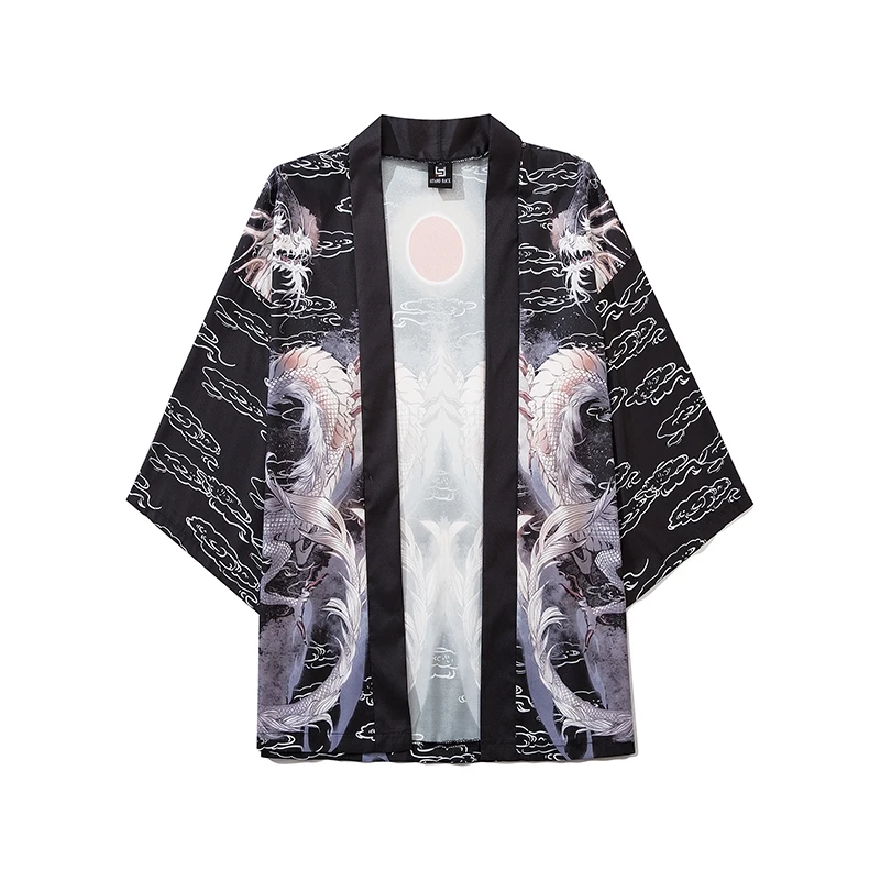 التنين الصيني موضة Harajuku اليابان كيمونو الخارجي للنساء والرجال الصيف أبيض أسود فضفاض كيمونو ملابس خارجية ملابس الشاطئ