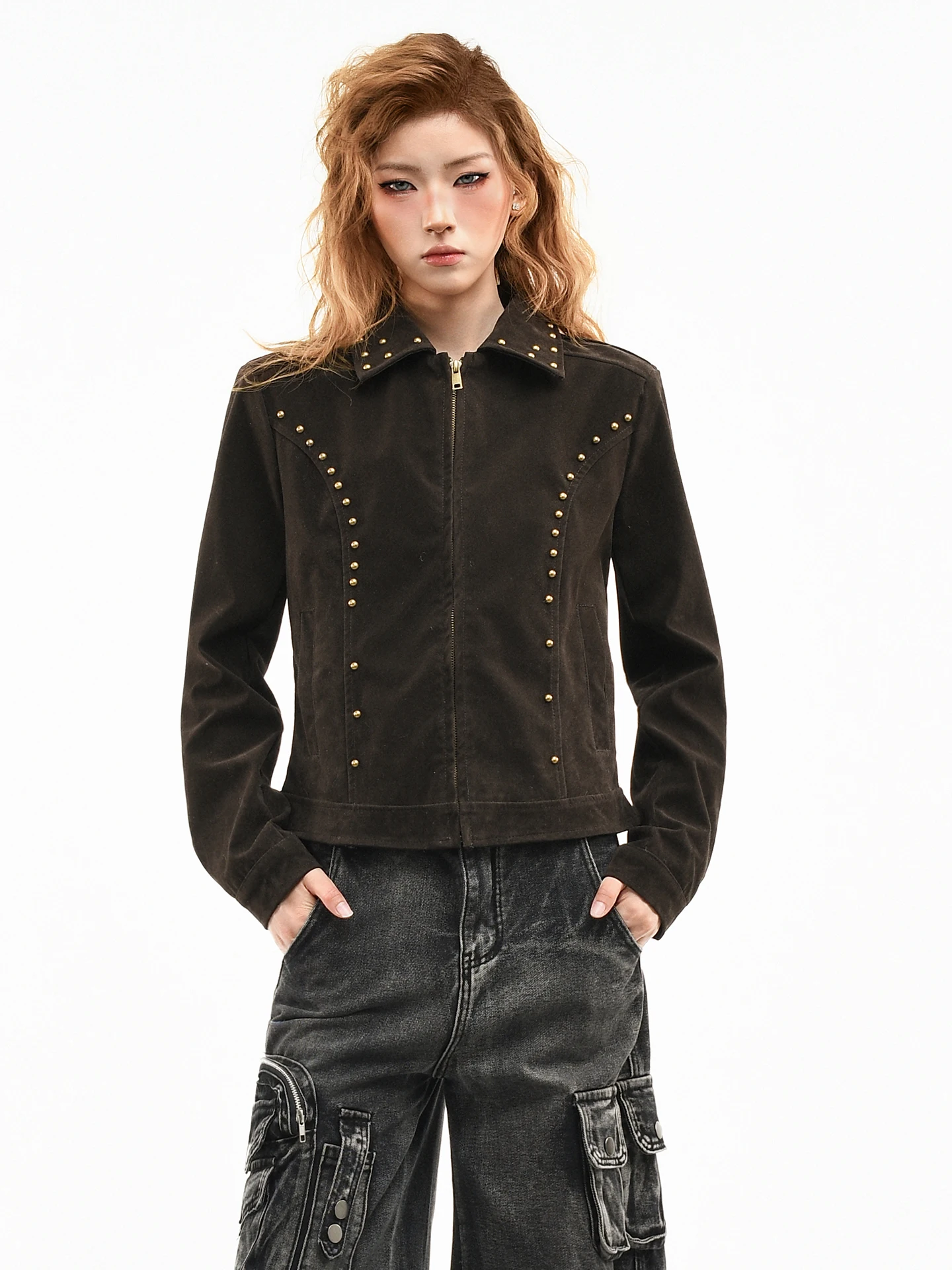 OV Original American Retro Rivet Design Leather Velvet Collar Jaet Women's Spring Harington Slim Fit ort Coat Trendy