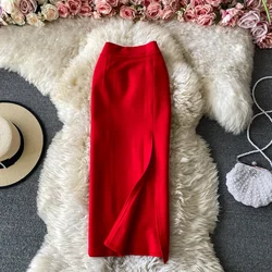 Women Casual Solid  High Waist Split basics Full Party Fashion Vintage  Hip Wrap Skirt  Summer Clothing