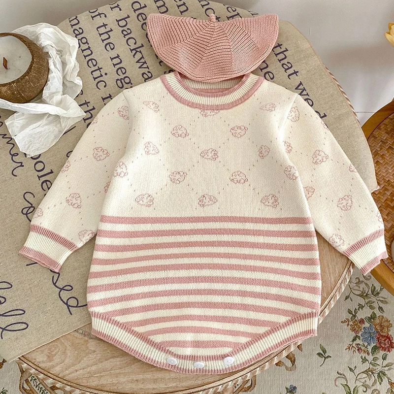 

Autumn Winter Children Knitted Clothes Toddler Baby Girl Knitted Romper Long Sleeved Stripes Printing Infant Baby Girls Jumpsuit