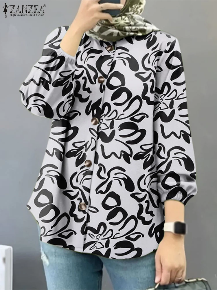 

Vintage Long Sleeve Floral Printed Muslim Blouse ZANZEA Spring Shirt Bohemain Female Tops Tunic Casual Buttons Work Blusas Femme