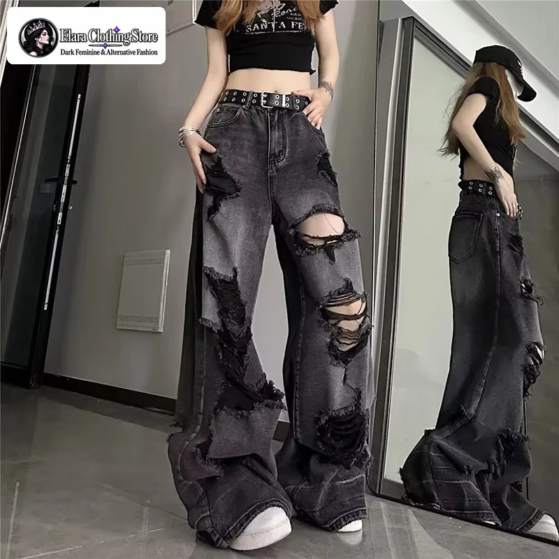 Elara New Y2k Style Ripped Women's High Waisted Jeans Retro High Street American Slimming Loose Wide Leg Straight Leg Pants