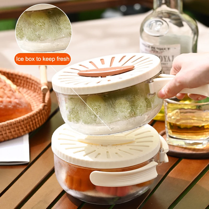 Creative Double Layer Drain Basket With Lid Kitchen Fruit Washing Basin With Foldable Handle Refrigerator Vegetable Storage Box