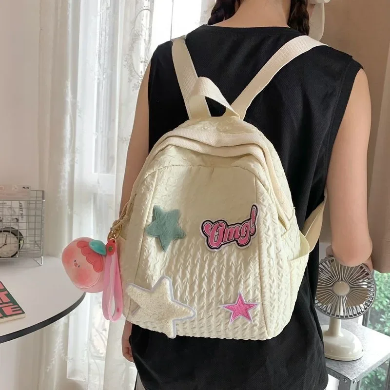 MBTI Zaino da donna plissettato rosa Nylon Casual Star Patchwork Moda Zaini piccoli Stile Harajuku Carino Kawaii Nuova borsa femminile