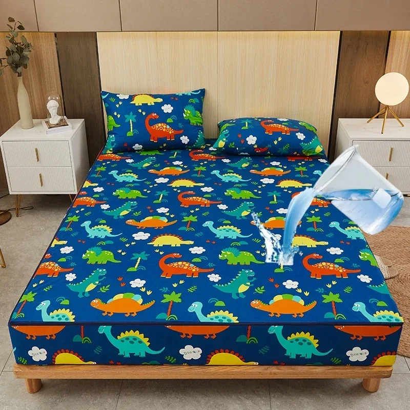 Cartoon Dinosaurs Waterproof Mattress Cover with Zipper Six Sides All Inclusive Mattress Protector Queen King Fitted Sheets Set