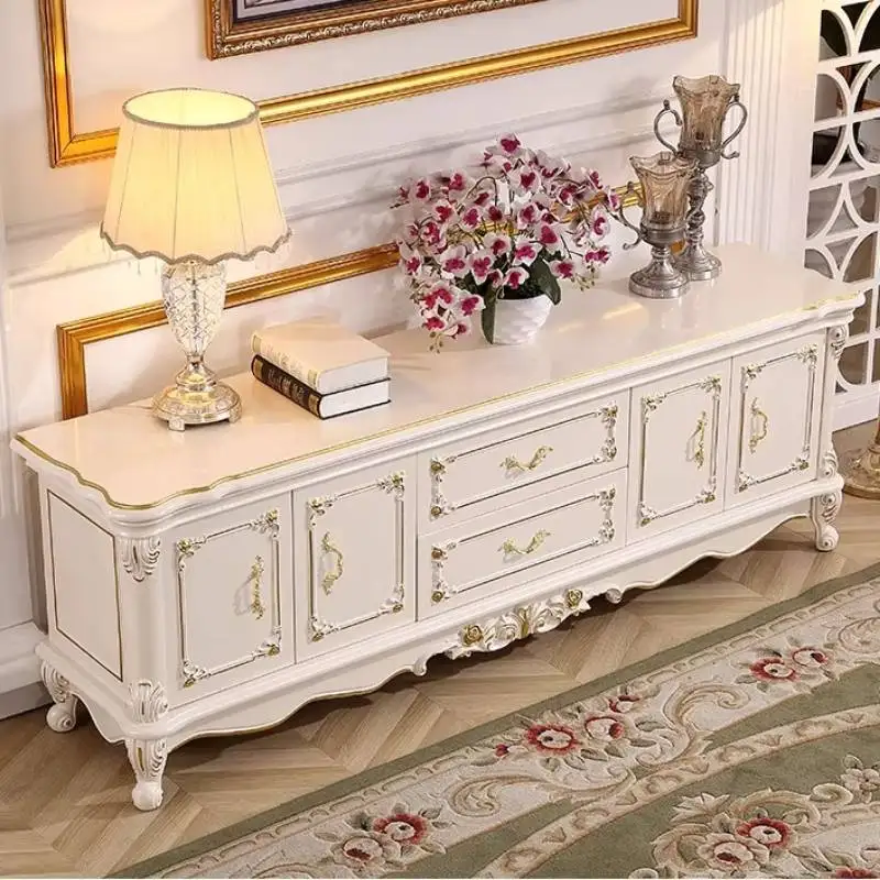 Mueble de TV de Lujo Blanco Nórdico, Estilo Europeo Vintage de 200 cm, Mueble de Diseño Único para Sala de Estar, Mueble Televisor para el Hogar