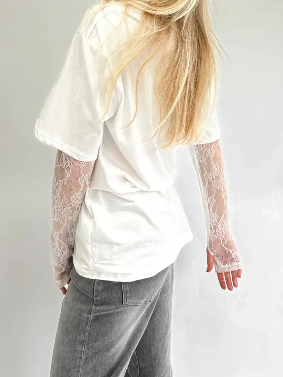 Femmes col rond T-Shirt dentelle à manches longues chemises décontractées printemps automne coupe ample hauts dames couleur unie T-Shirt pour Streetwear