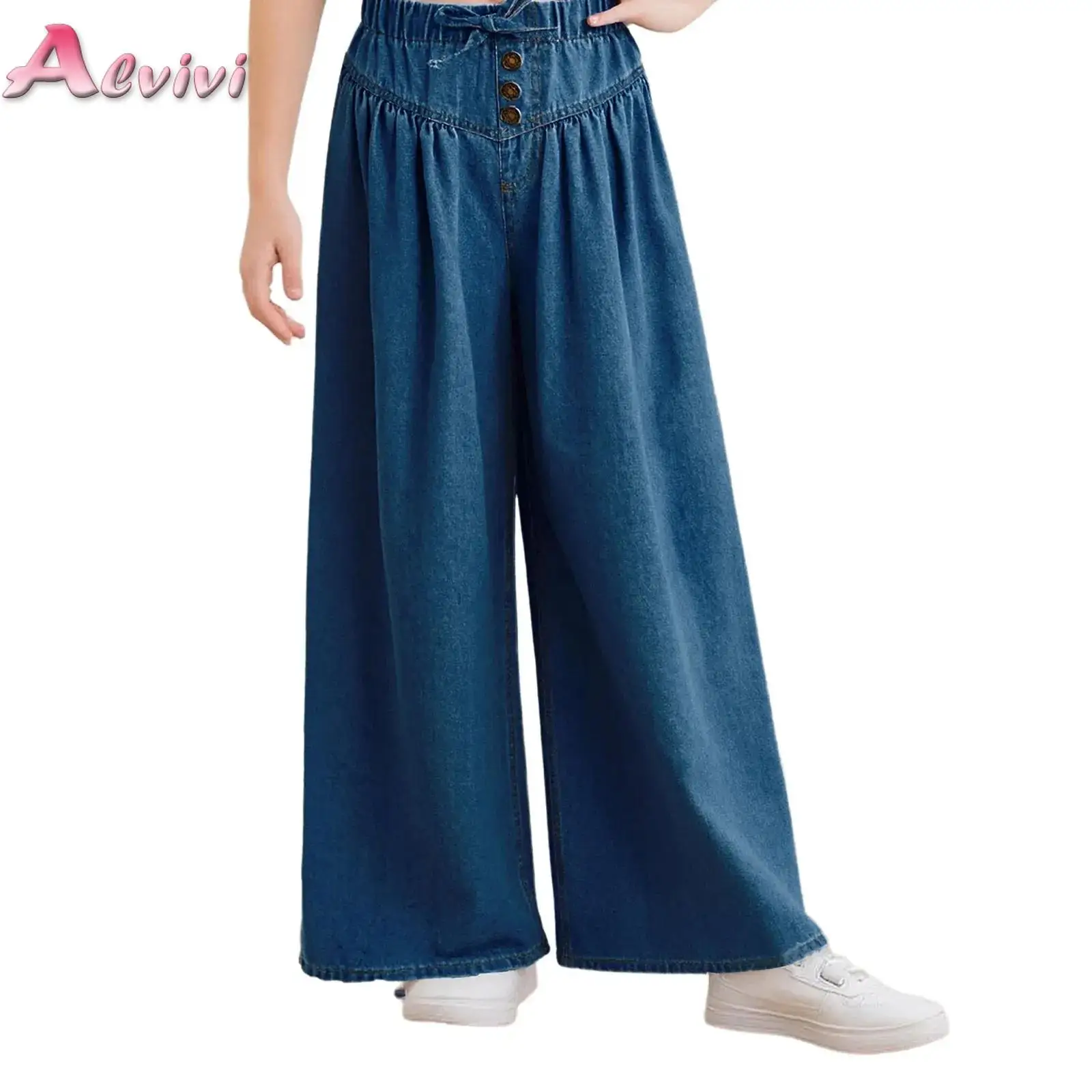 

Kids Girls Fashion Wide-Leg Jeans Loose Denim Pants Bow Decorative Buttons Elastic Waistband Trousers Autumn Spring Clothing