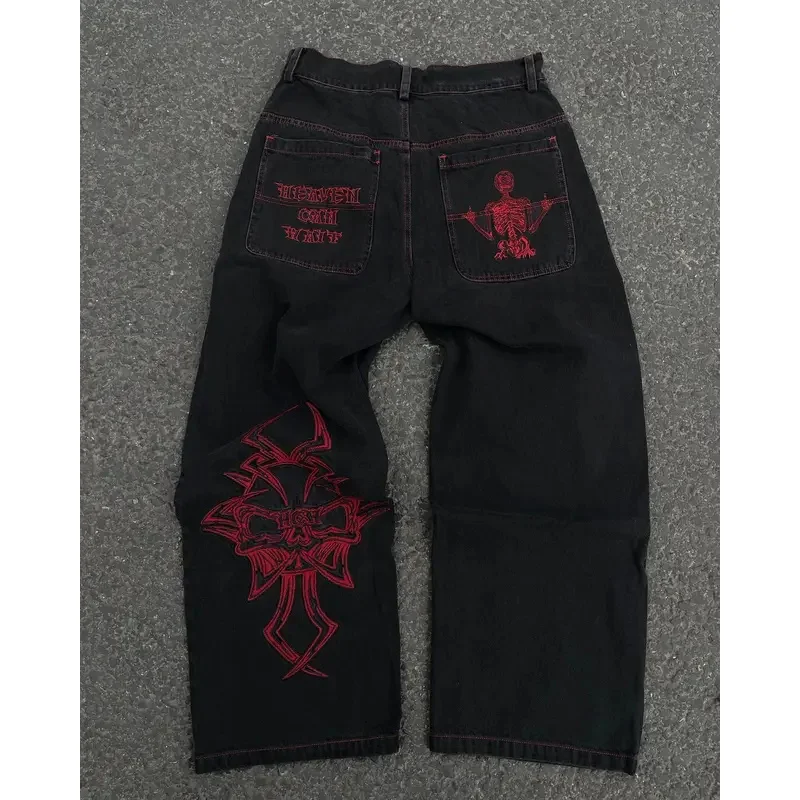 

2025 New Y2K Jeans Mens Hip Hop Retro Skull Embroidery Washed Baggy Denim Pants New Straight Casual Loose Wide Leg Trouser★★★★