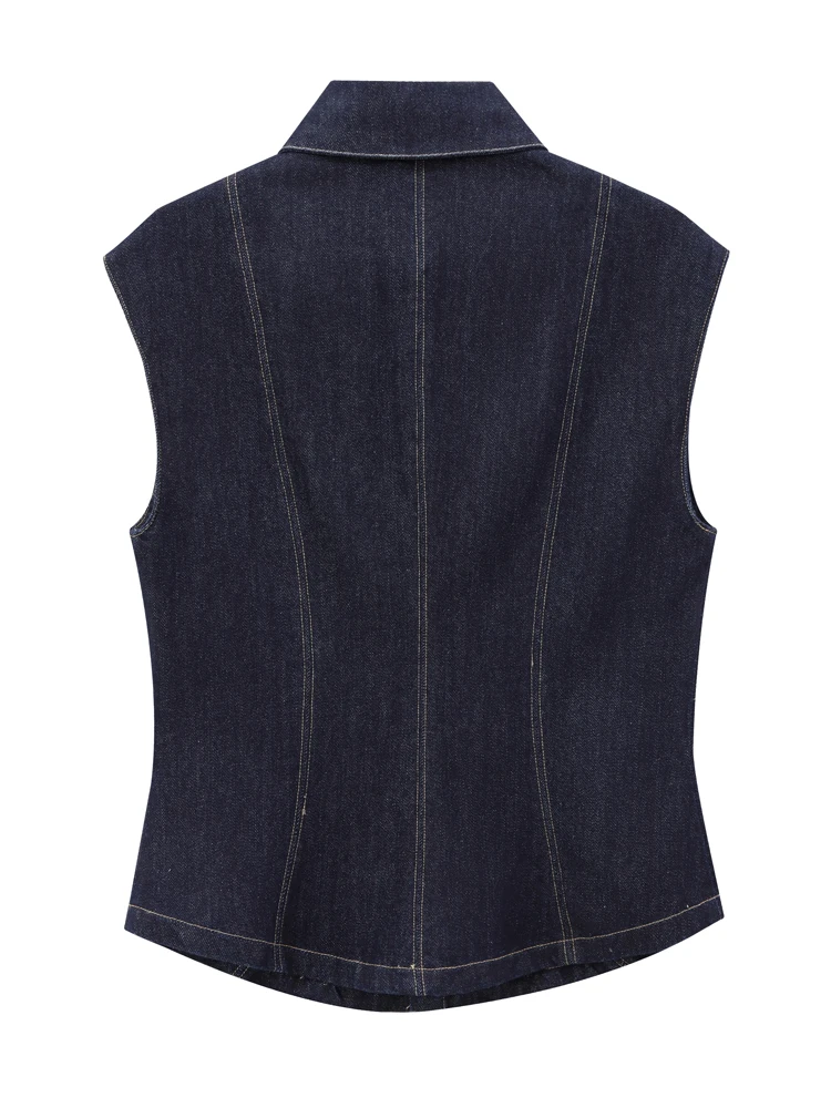 KAOPU ZA Women front patch pockets denim vest vintage lapel-neck sleeveless female waistcoat chic tops