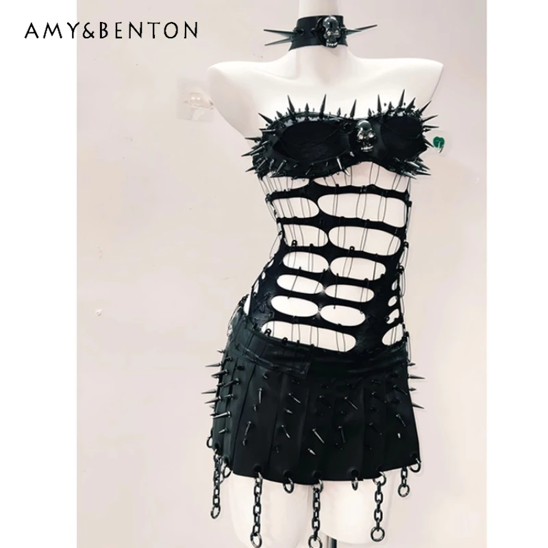 

Gothic Dark Heavy Industry Punk Women's Vest Original Design Black Sweet Cool Rivet Hollow Out Halloween Three-Piece Set Ladies