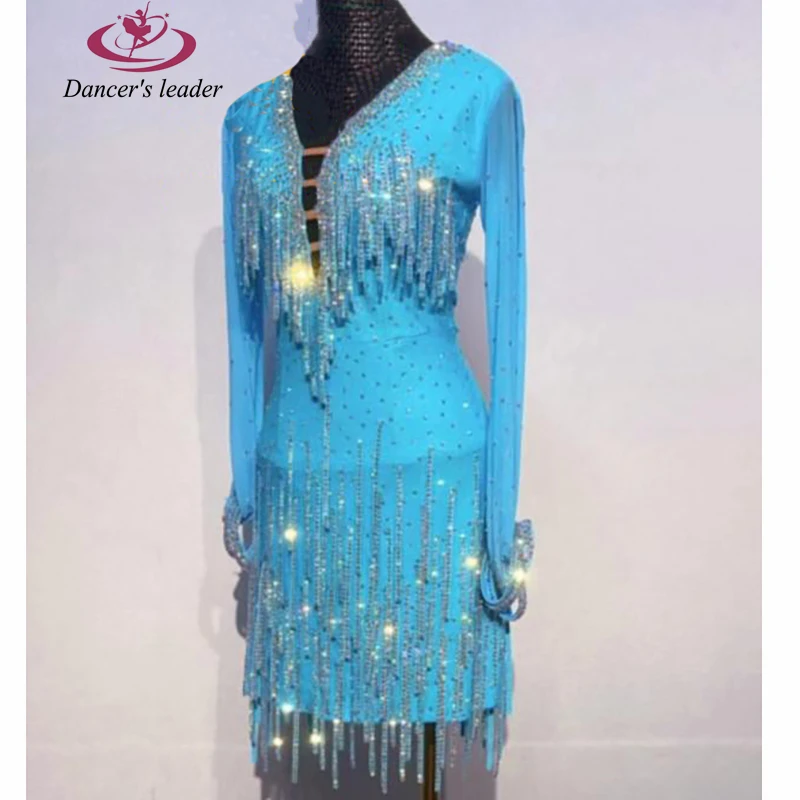 Latin Dance High-end Customized V-neck With Diamond Drops Backless Cha Tango Female Adult Stage Professional Clothing