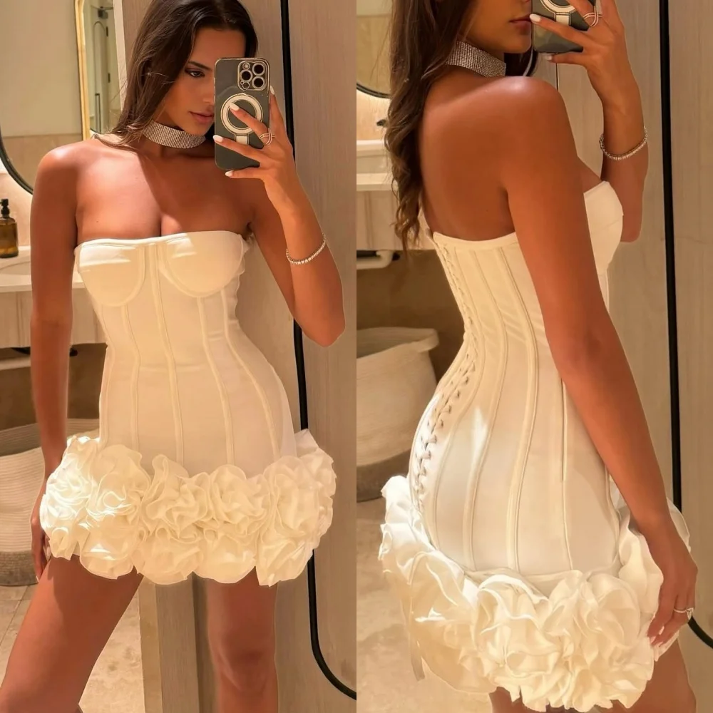 

Customized Matching Fashion Pleat Ruched Handmade Flower A-line Strapless Short Dresses Bespoke Occasion Dresses Sizes Available