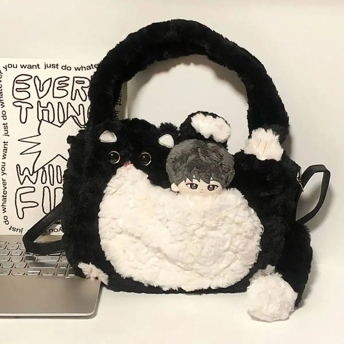 Bloom Sweet Cute Cat Black White Shoulder Women Haruku Aesthetic Plush Y2k Crossbody Bags Girl Large Capacity Tote Bag