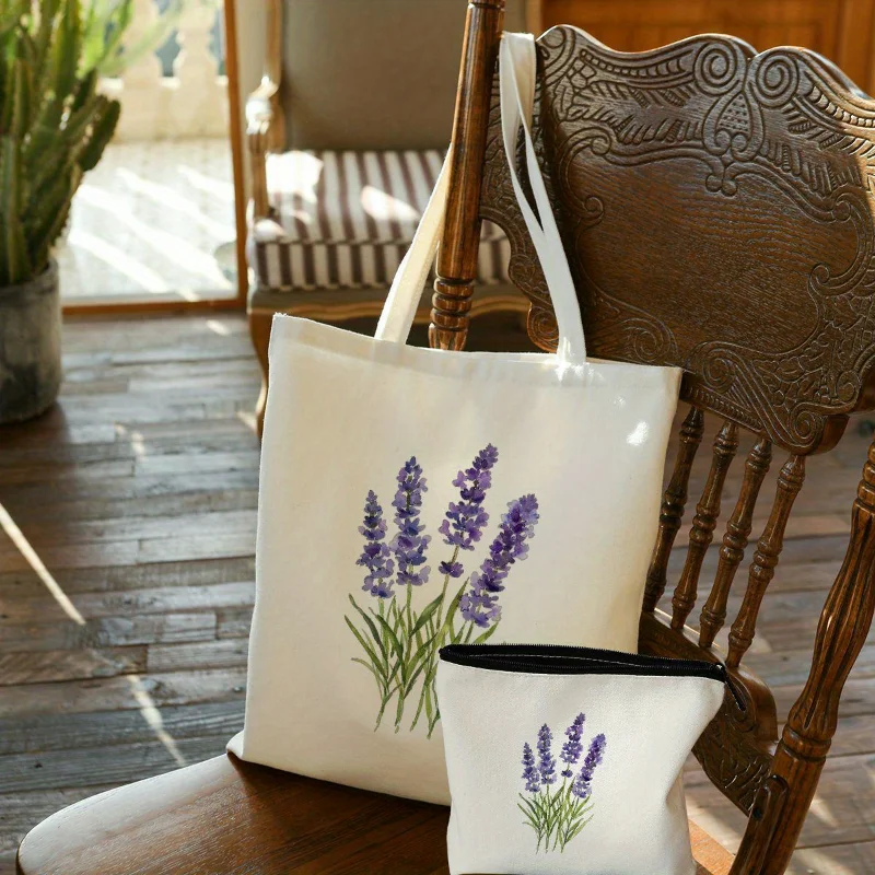 1 Set Purple Lavender Pattern Canvas Tote Bag Set Grocery Bags with Makeup Bag Women Canvas Shopping Bag Gift for Girlfriend