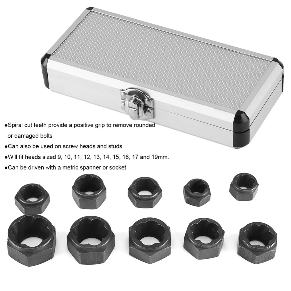 10PCS/Lot Damaged Bolt Nut Screw Remover Extractor Removal Set Threading Tools Kit for 9mm To 19mm Head Nuts Extractor Set