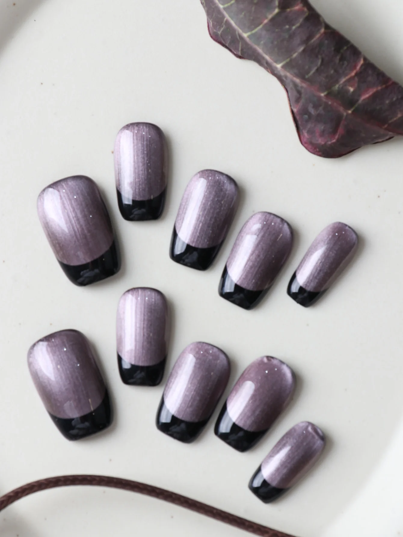 10Pcs Press on Nails Short Dusty Purple French Style Cat's Eye Fake Nails Includes 1 Sheet of Adhesive Tabs & 1 Pc Mini File