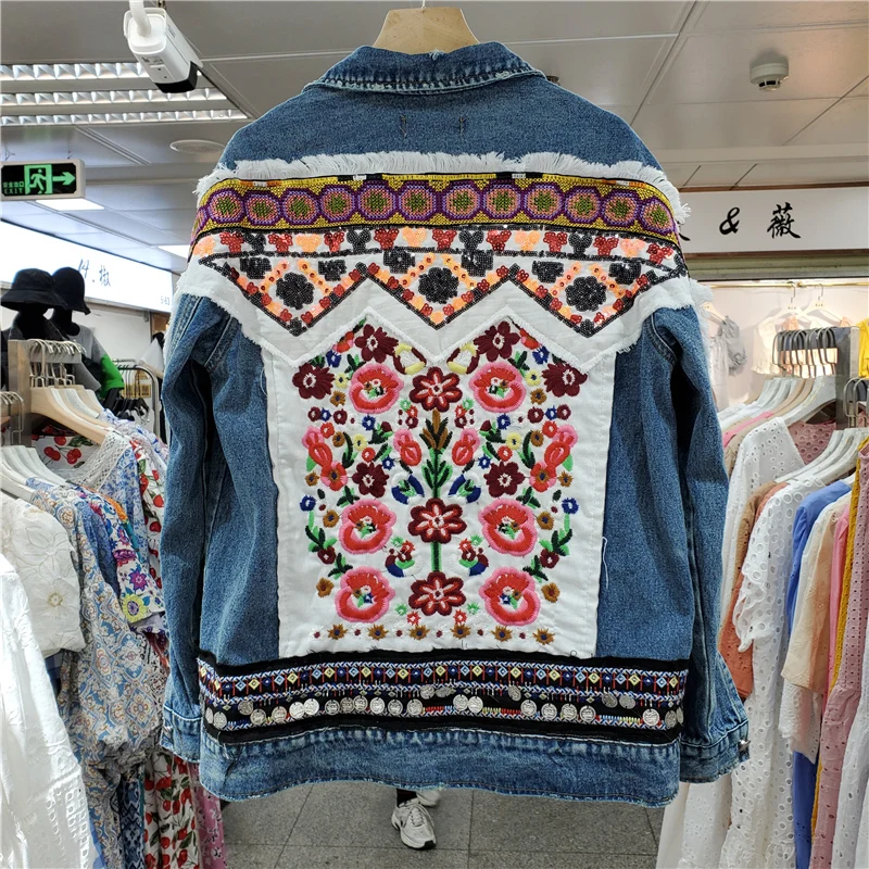 

Boho Style Patch Embroidery Sequins Jeans Jacket Female Frayed Cowboy Outerwear Women Korean Loose Long Sleeve Denim Jacket Coat