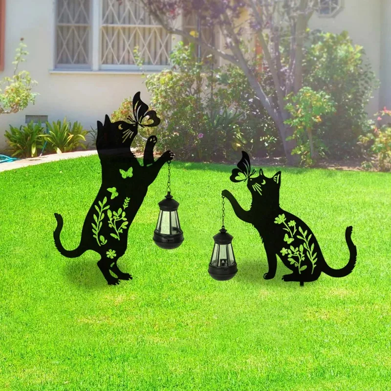 2pcs Cat Solar Outdoor Courtyard Light Iron Cat Ground Insertion LED Light Decoration - Metal Black Cat Silhouette Light Stake