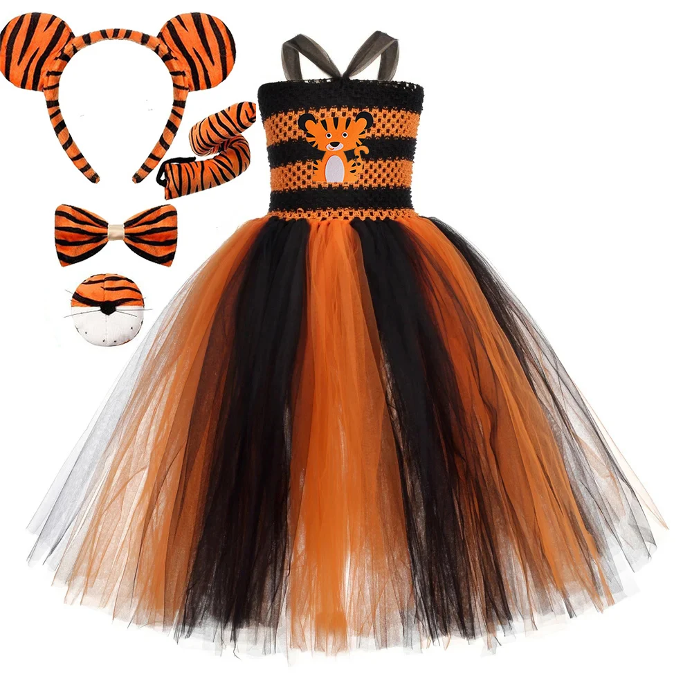 Orange Black Tiger Long Costumes for Girls Jungle Animal Halloween Fancy Dress for Kids Birthday Christmas Outfit with Ears Tail