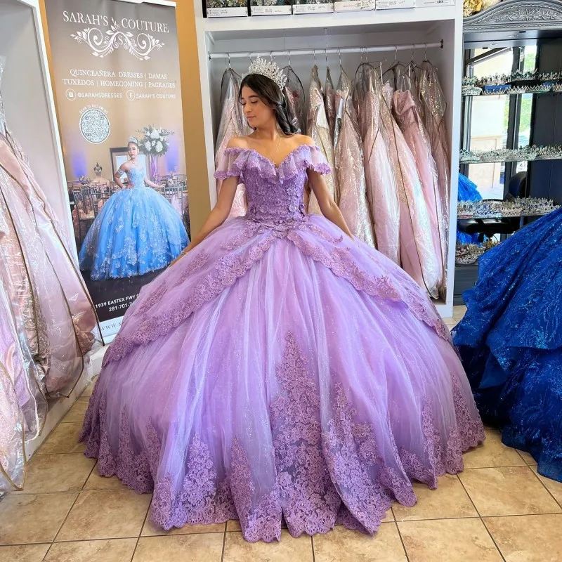 Customized Sequins Lavender Quinceanera Dress 2024 Off Shoulder Applique Lace Beading Sweet 16 Vestidos De 15 Años YQD560