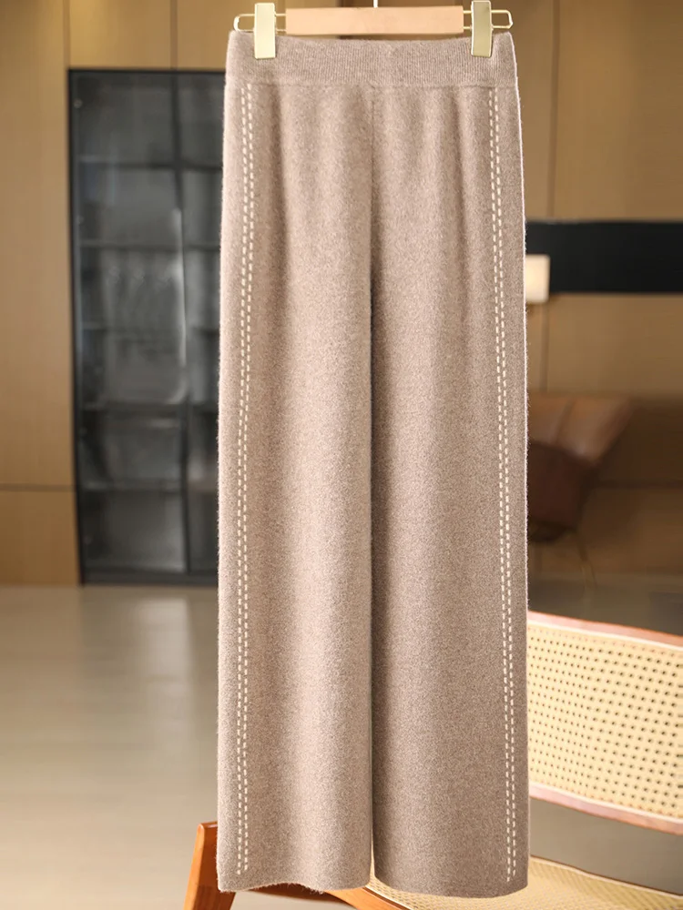 New Women's Wool Pants Autumn Winter 100% Merino Wool Wide Leg Pants Thick Soft Vertical Striped Casual Style Cashmere Trousers