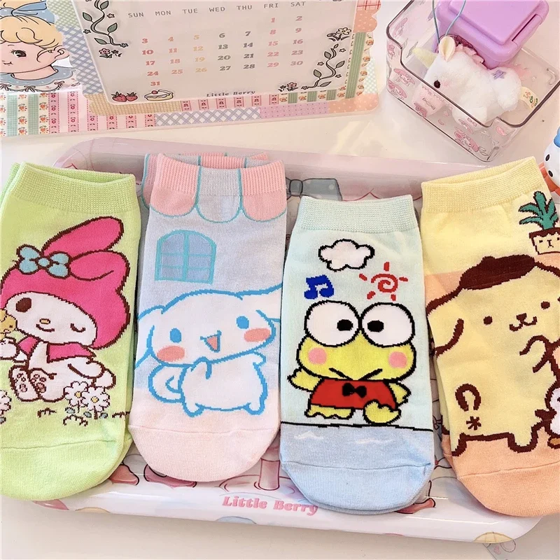 Sanrio Anime Socks Kawaii My Melody Keroppi Cinnamoroll Pure Cotton Socks Women Summer Cute Sweat-Absorbent Breathable Socks