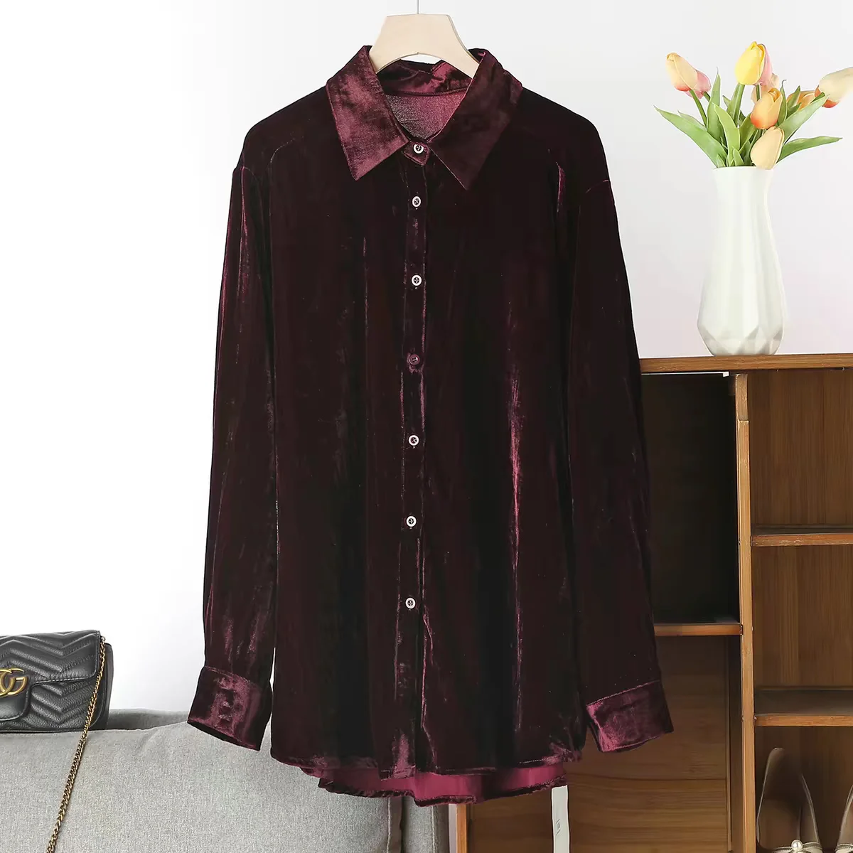 Plus size Shirt women Long Sleeve Spring Autumn Pure Casual Outerwear velour Shirt Premium Feel  Velvet blouse