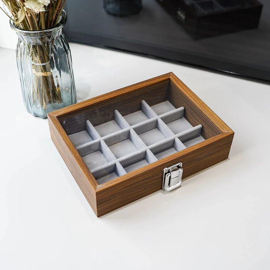 Walnut Wood Grain Color Lidded 12-Compartment Jewelry Box for Brooches, Hairpins, Bracelets, and Accessories Storage