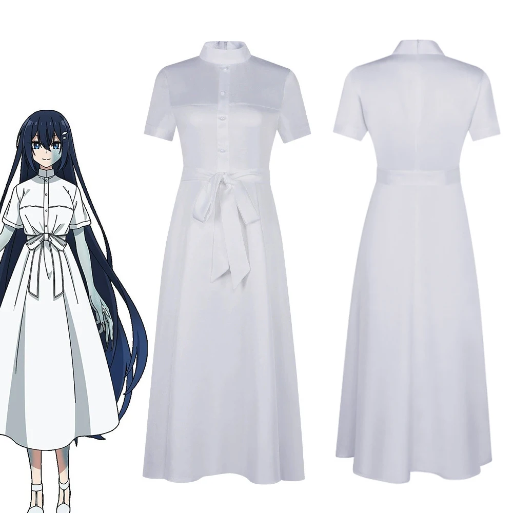 ‌ أنيمي واتشي وو تابيتاي هيتودينشي كاواسومي شيري ‌   أزياء تنكرية للنساء فستان أبيض زي أداء المسرح للهالوين