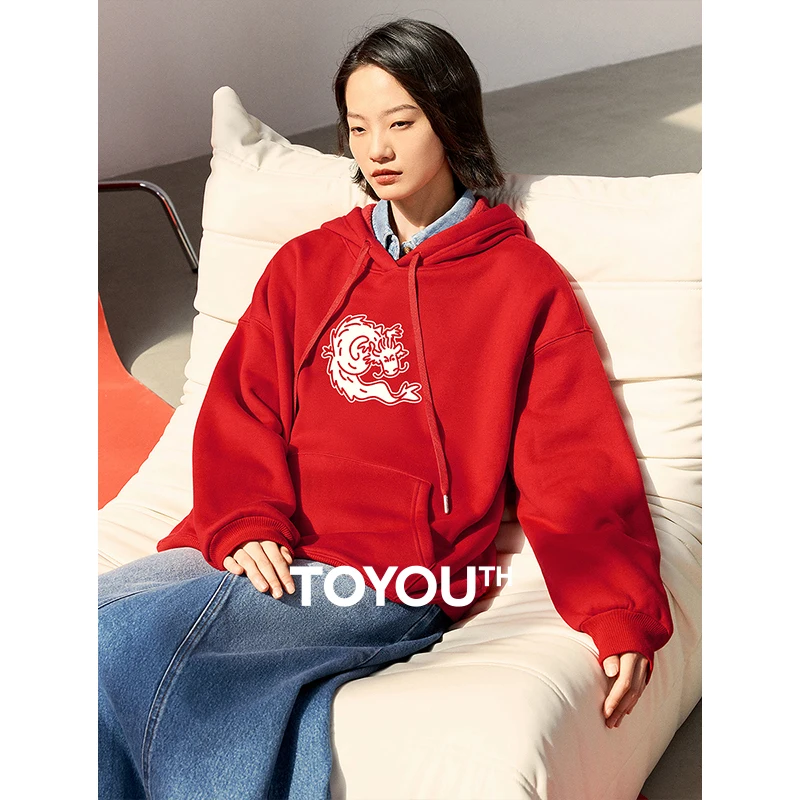 TOYOUTH Women Animal Sweatshirt 2024 Spring New Female Animal Printed Long Sleeve Drawstring Hooded Pullover Tops Red Color