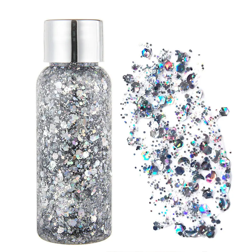 Body Gel Facial Sequin Glitter Silver Silky Shine All Day Long Makeup Party Body Hair Lip Eye Decoration