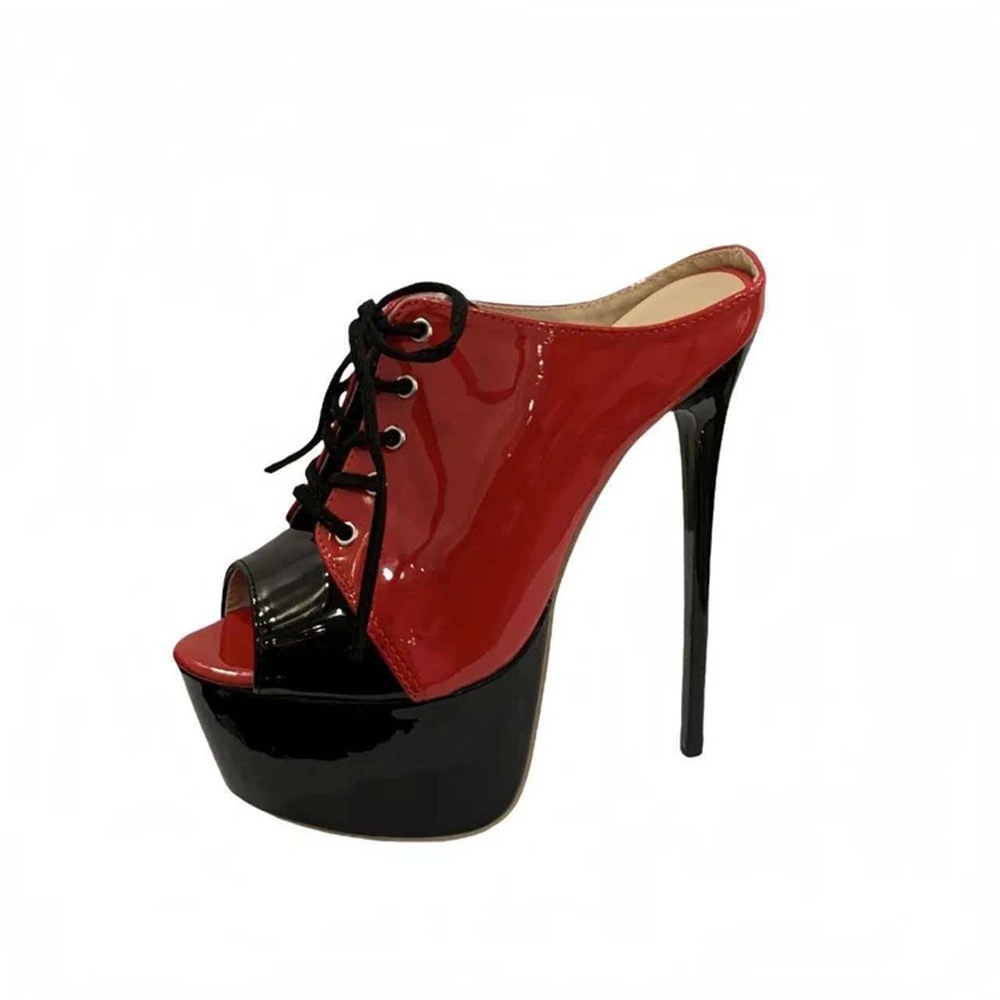 

Women Patent Leather Lace-Up Mule Sandals Peep Toe Platform Stiletto Heels Backless Party Shoes Red Black Plus Size 34-48 R-3