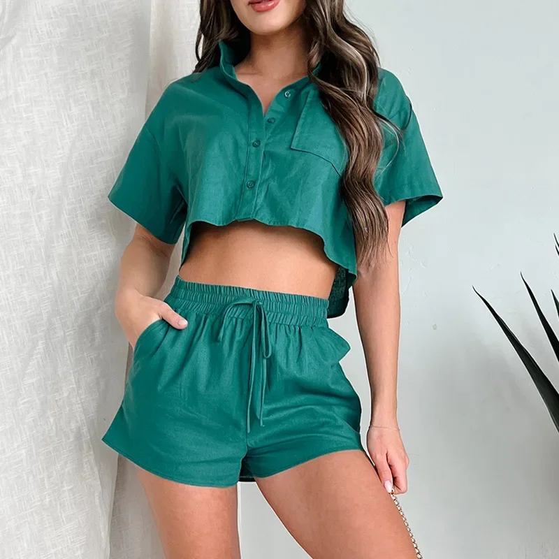 New Ultra Short Button Up Shirt Top with Drawstring Short Pants Two-piece Set for Women