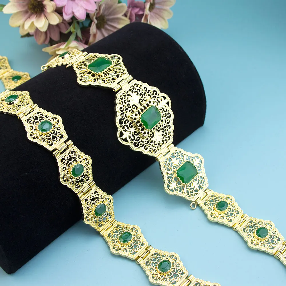 

Sunspicems Gold Color Women Waist Chain Belt Middle East Bride Jewelry Crystal Morocco Kaftan Belt Adjustable Length Metal Chain