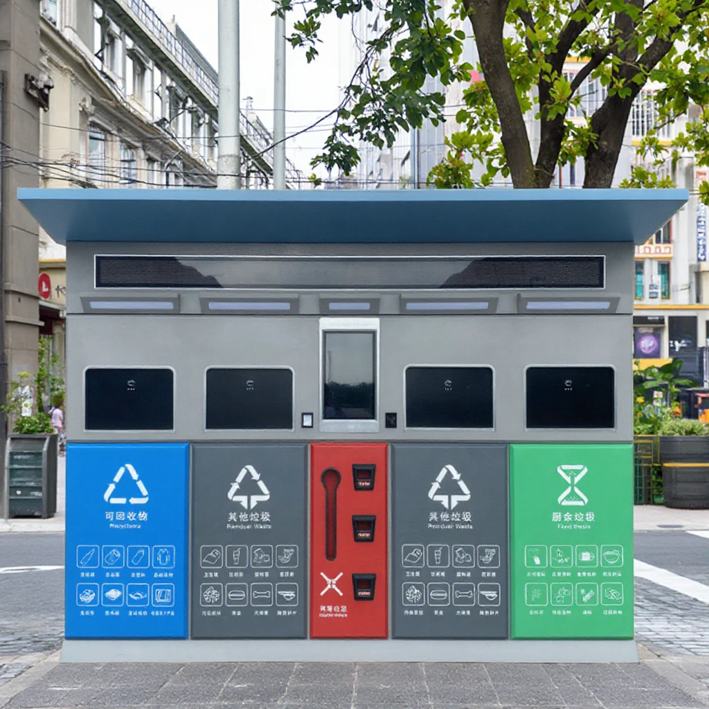 Caja de clasificación de basura inteligente para exteriores, cuatro tipos, hoja galvanizada de gran capacidad, contenedor de reciclaje inteligente para áreas públicas