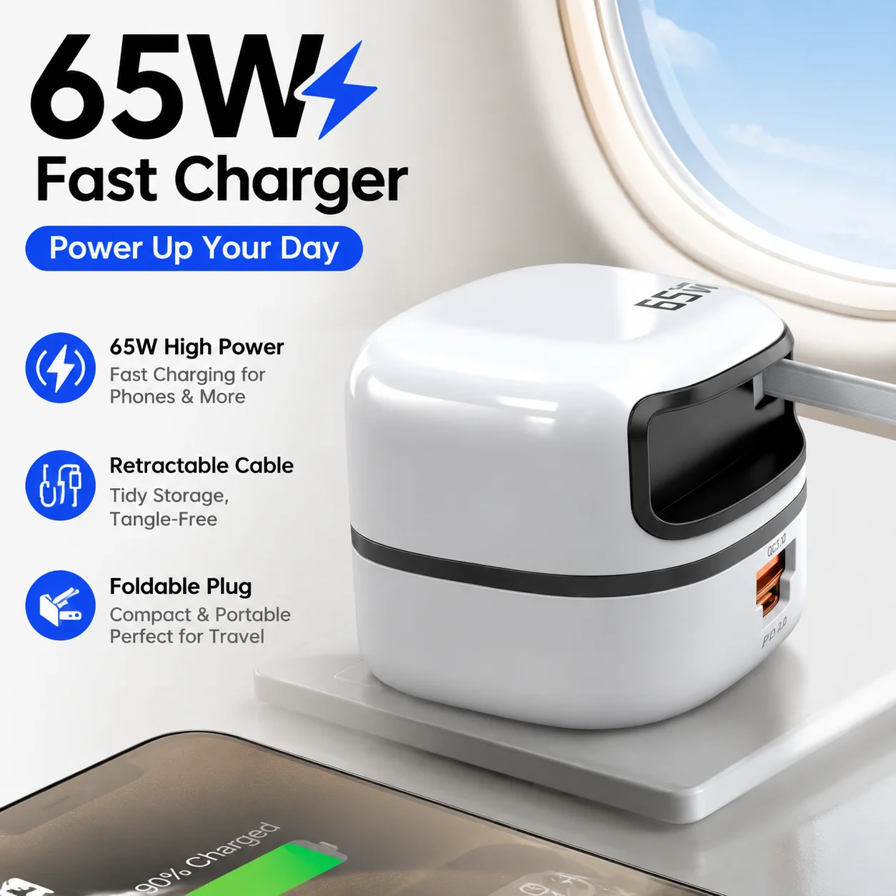 65W Fast Charger with Retractable Cable, Foldable Plug Portable Travel Charger, Compact Mini USB-C Wall Charger