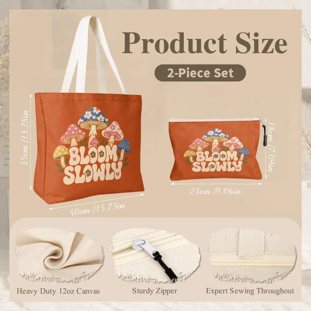 Retro Mushroom Vibe Storage Bags 2-Piece Women's Canvas Zipper Large Capacity Reusable Daily Commute Shopping&Gift 2