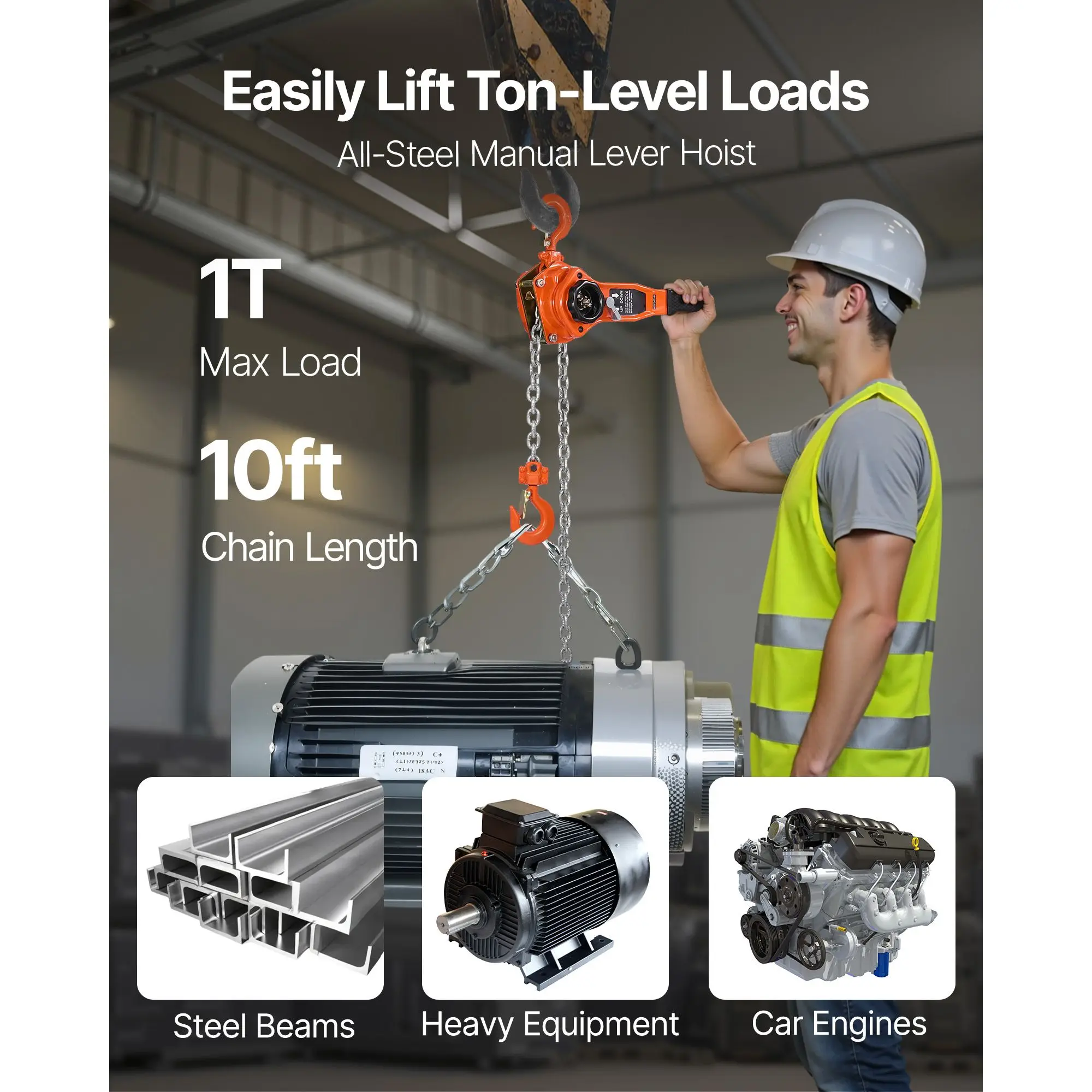 Manual Lever Chain Hoist, 1T 2200LBS Capacity Heavy Duty Come Along, 10FT Lift G80 Alloy Steel Chain With Dual Pawl Mechanical Brake,360°Rotating Hooks, for Warehouse Construction Garage