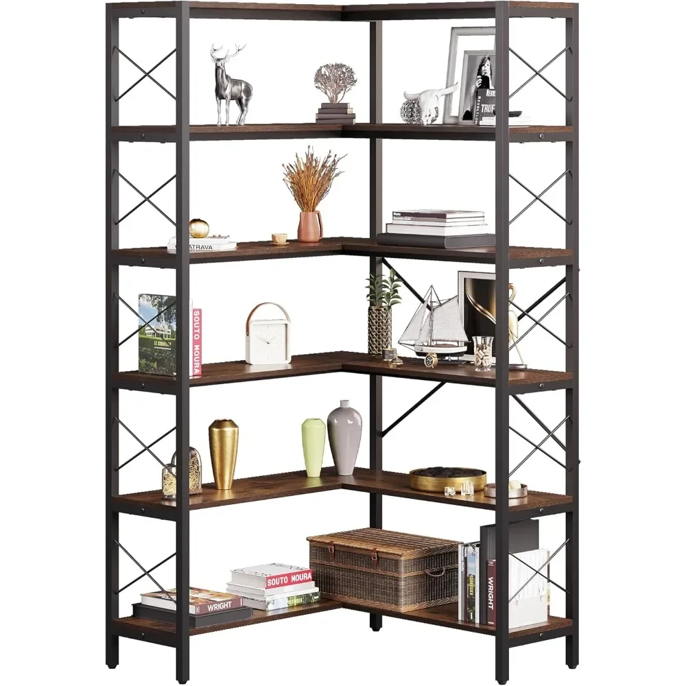 Libreria angolare a 6 livelli, ripiano alto a forma di L, libreria grande Etagere in stile industriale con struttura in metallo