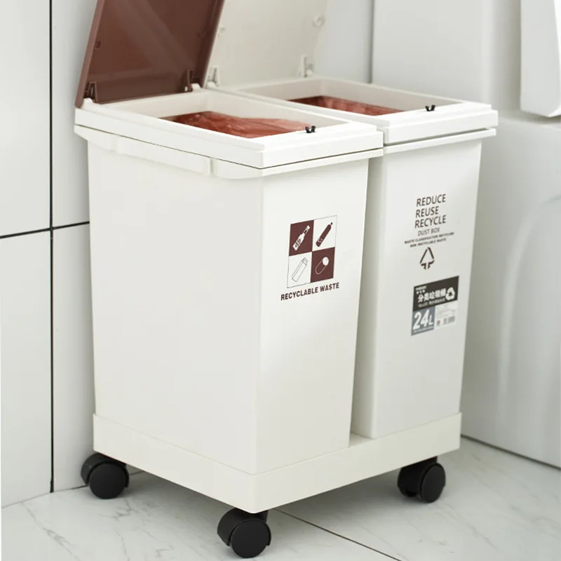 20-60L Trash Can Kitchen Sorting Recycling Push Type Wastebasket Dry and Wet Separation WITH Wheel Big Household