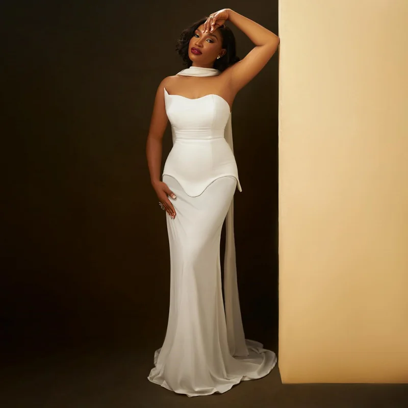 

2025 Unique Design Asymmetrical Mesh Patchwork Sexy Strapless Bandage Party Dress Long Dress