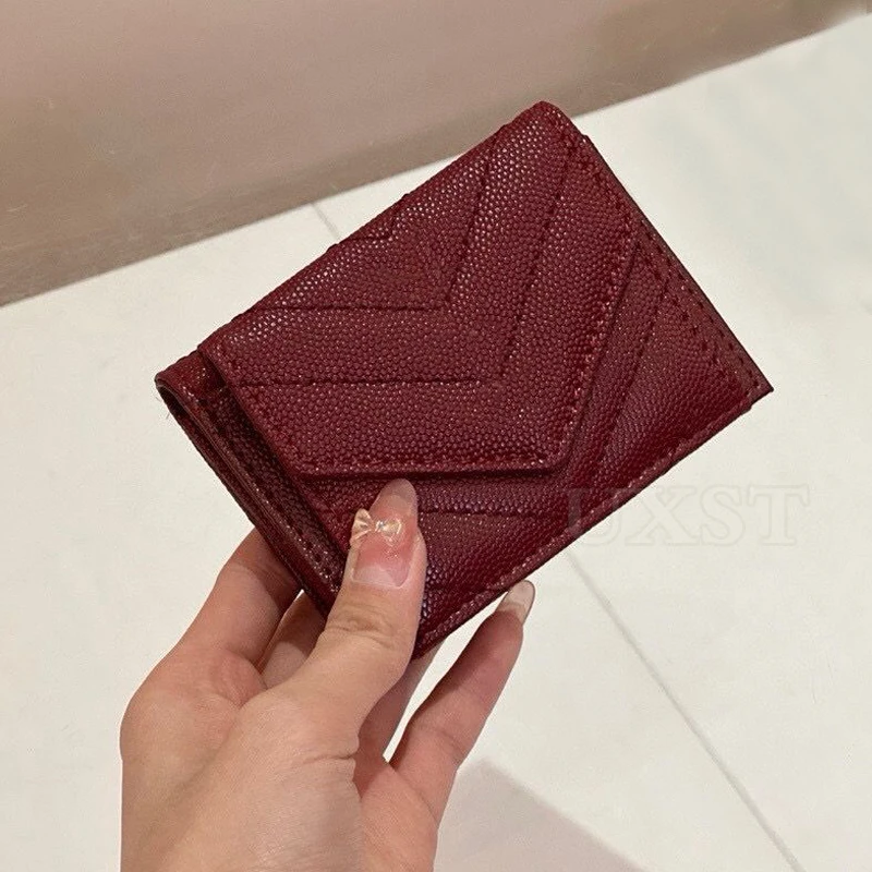 

UXST Autumn Women Clutch Bag Striped Thread Red Wallet Leather Money Bag Litchi Pattern Short Purses Trifold Cardholder Coin Bag