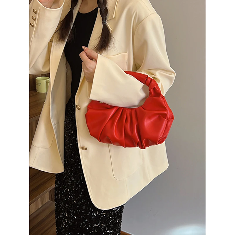 Korean Women\'s Popular Pleated Handbag Red Designer Style Bridal Wedding Bag 2024 Summer New Advanced Sense Casual Commute Bags