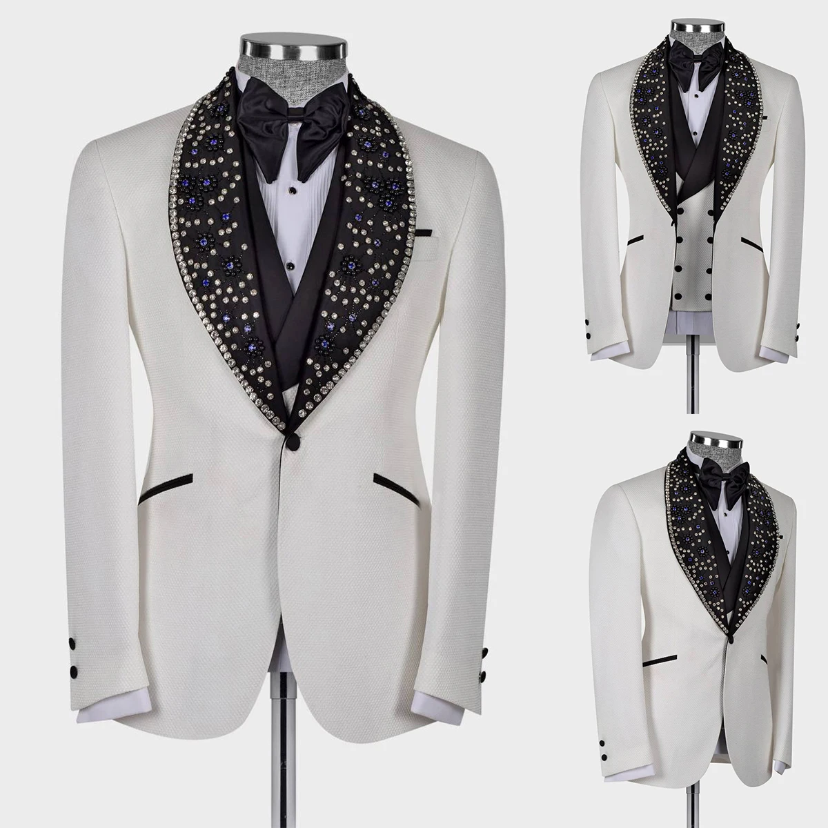 Luxury Men Suits Tuxedo Shining Beads Shawl Lapel One Button Customized 3 Pieces Blazer Vest Pants Tailored Party Groom Wedding