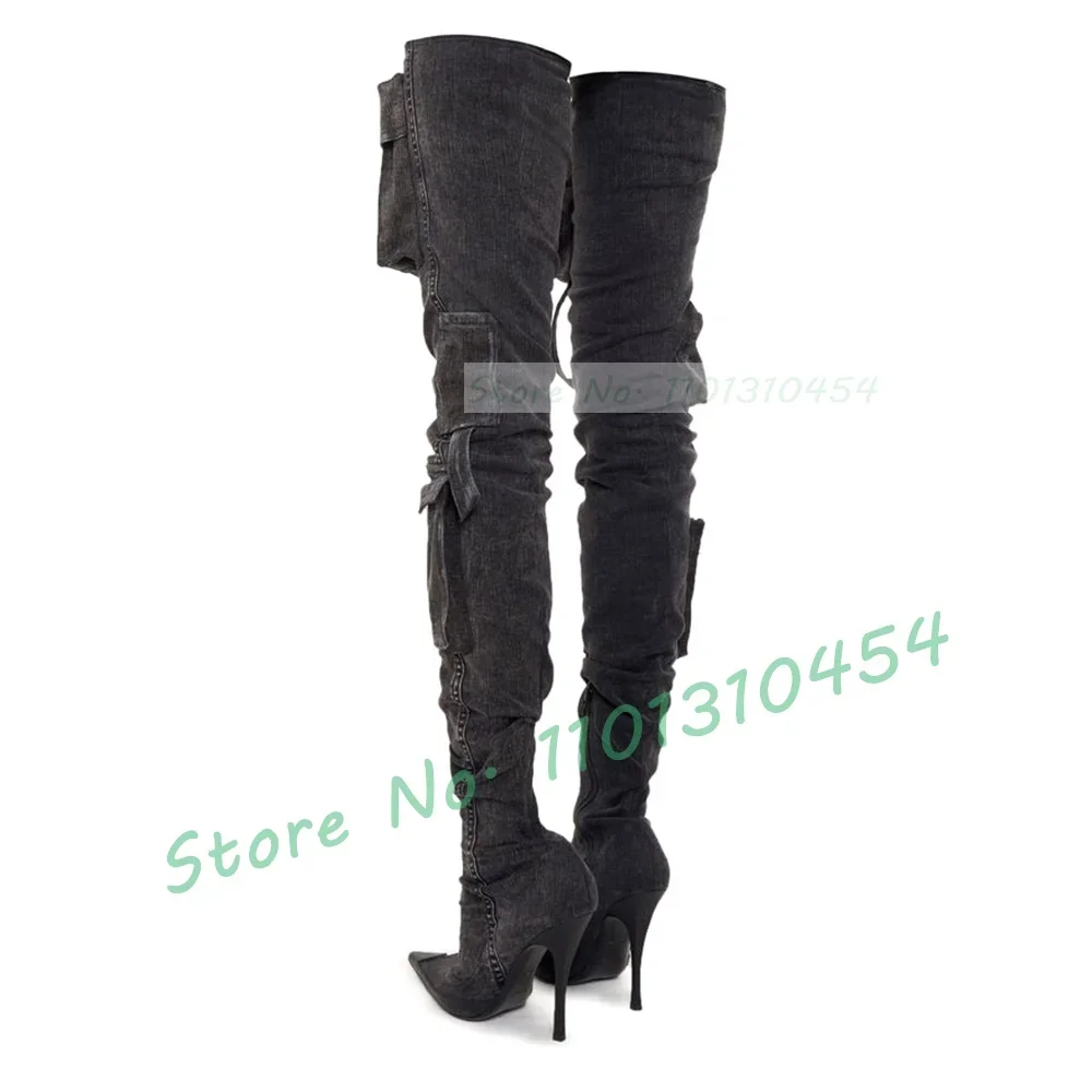 Black Denim Long Boots With Pocket Women Stylish Zipper Decor High Heels Over The Knee Shoes Ladies Pointy Toe Slim Sewing Boots