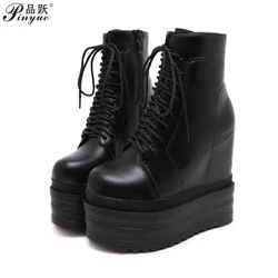 Wedges Ankle Boots White Black Rubber Sole Shoes Platform Boots Women Lacing Autumn Platform Heels Shoes Heel 14 cm