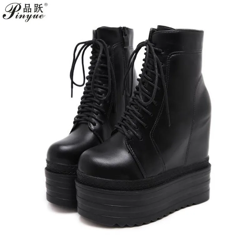 Botki na koturnie Białe czarne buty z gumową podeszwą Buty na platformie Damskie sznurowanie Jesienne buty na platformie Obcasy 14 cm