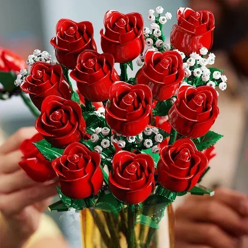 رومانسية باقة زهور الورد اللبنات الإبداعية مكتب منزلي ديكور النبات تجميع الطوب لعب للهدايا الفتيات سيدة